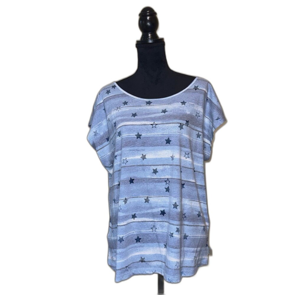 Eddie Bauer Blue White Abstract Stripe Star Pattern Scoop Neck Tee Top Plus Size